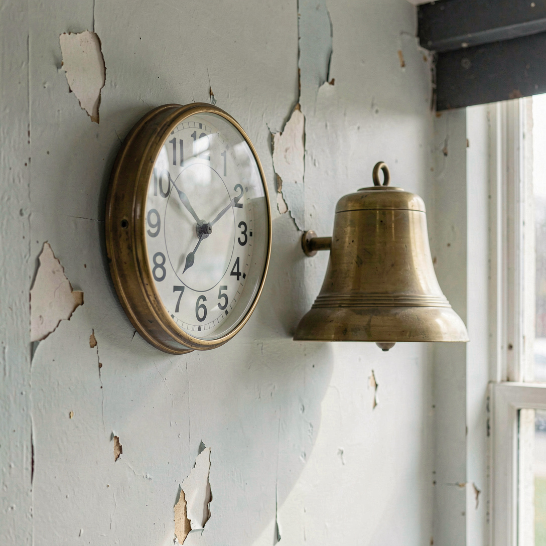 Een ronde wandklok en een messing ringbel naast elkaar aan de muur
