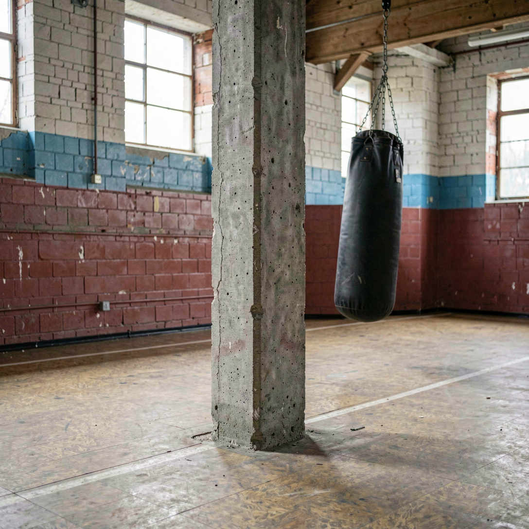 Een betonnen pilaar midden in een oude sportzaal, met een zak ernaast